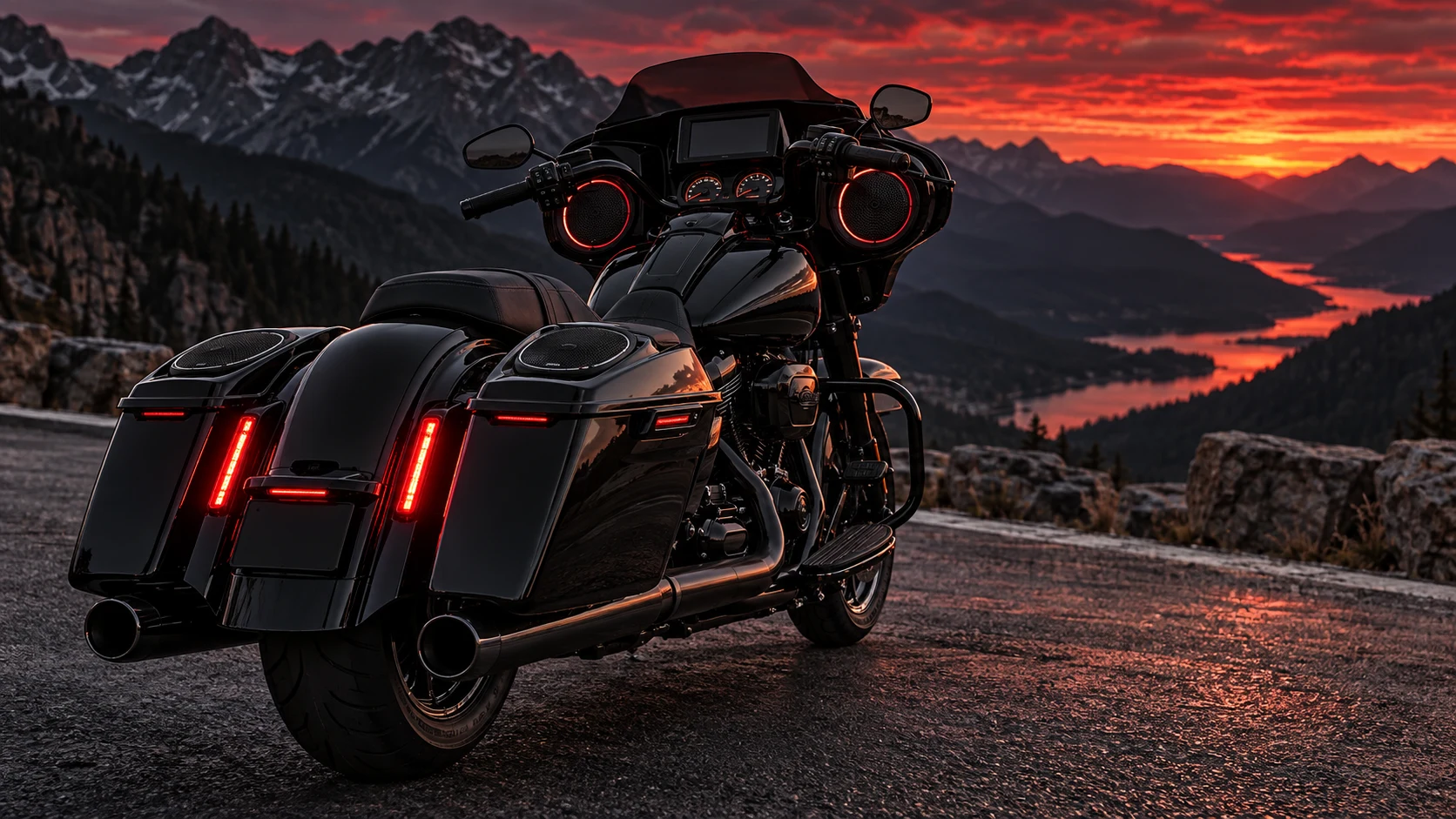 Black touring motorcycle with integrated audio at a mountain overlook